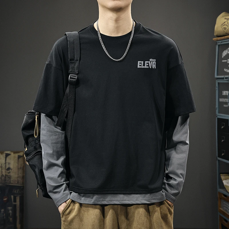 哈珀林恩新款假两件长袖T恤男美式撞色圆领落肩袖宽松大码体恤衫