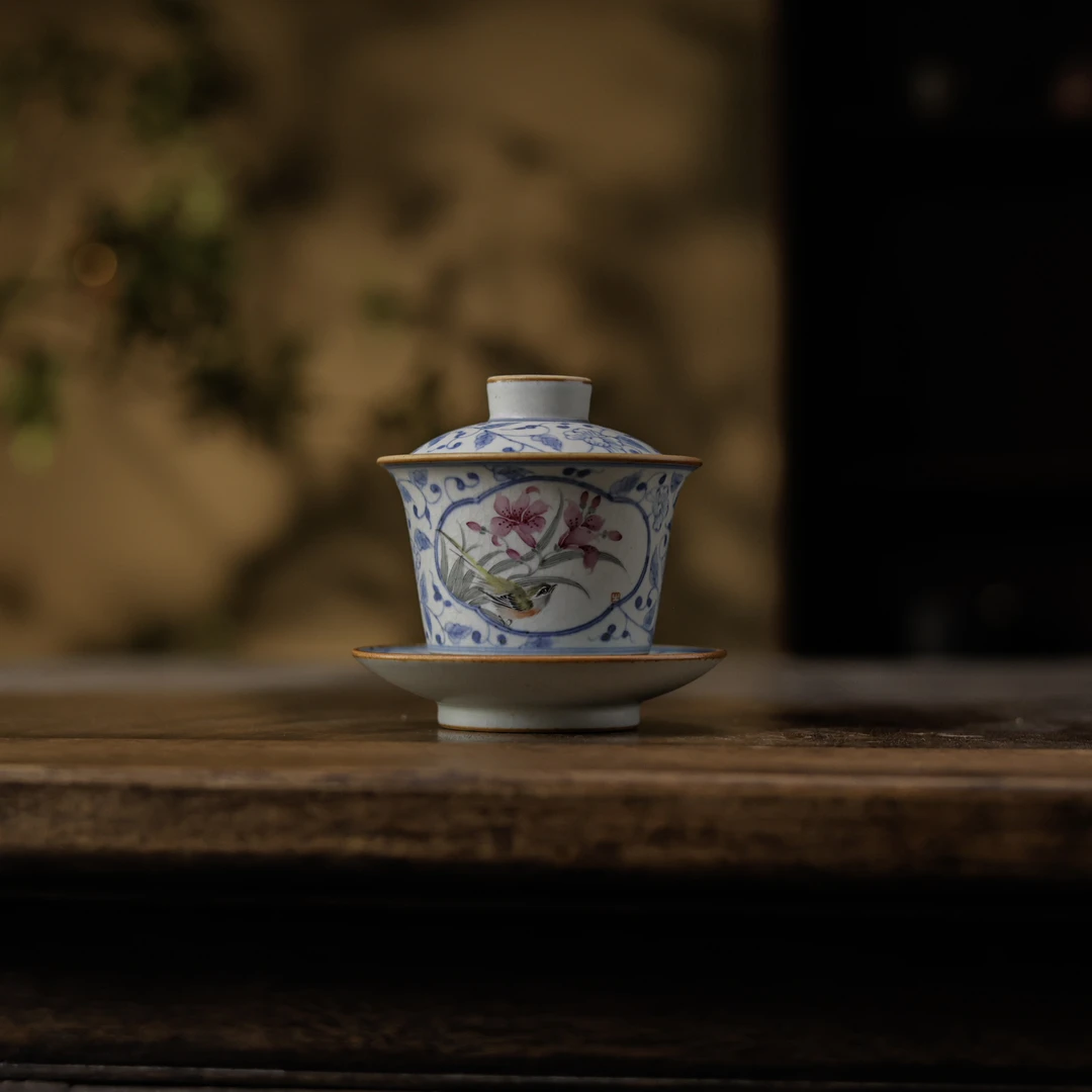 【小田甄陶】缠枝鸟语花香-朴云堂-三才盖碗（朴碗0246）