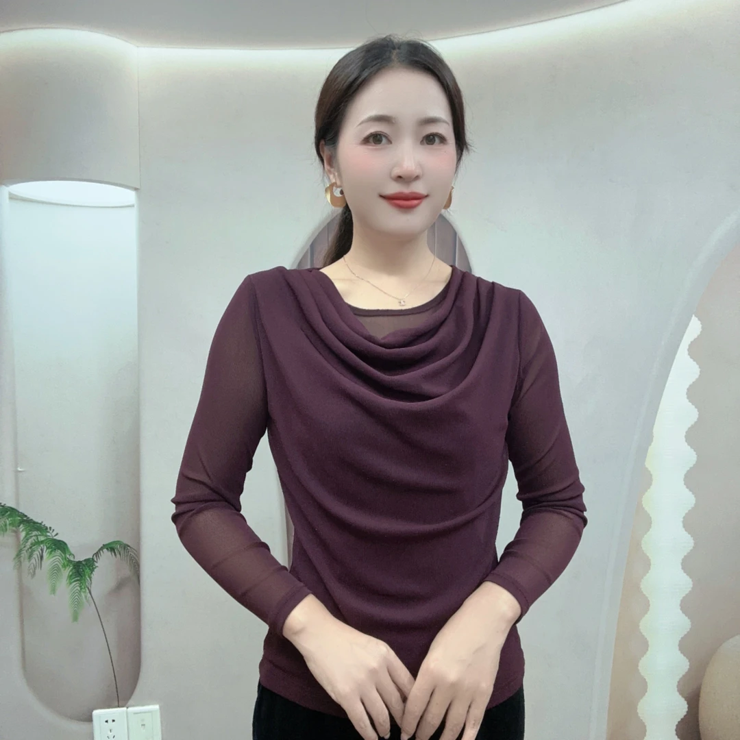 2025秋长袖堆堆领打底衫百搭女士上衣高弹力网纱显瘦遮肉款小衫