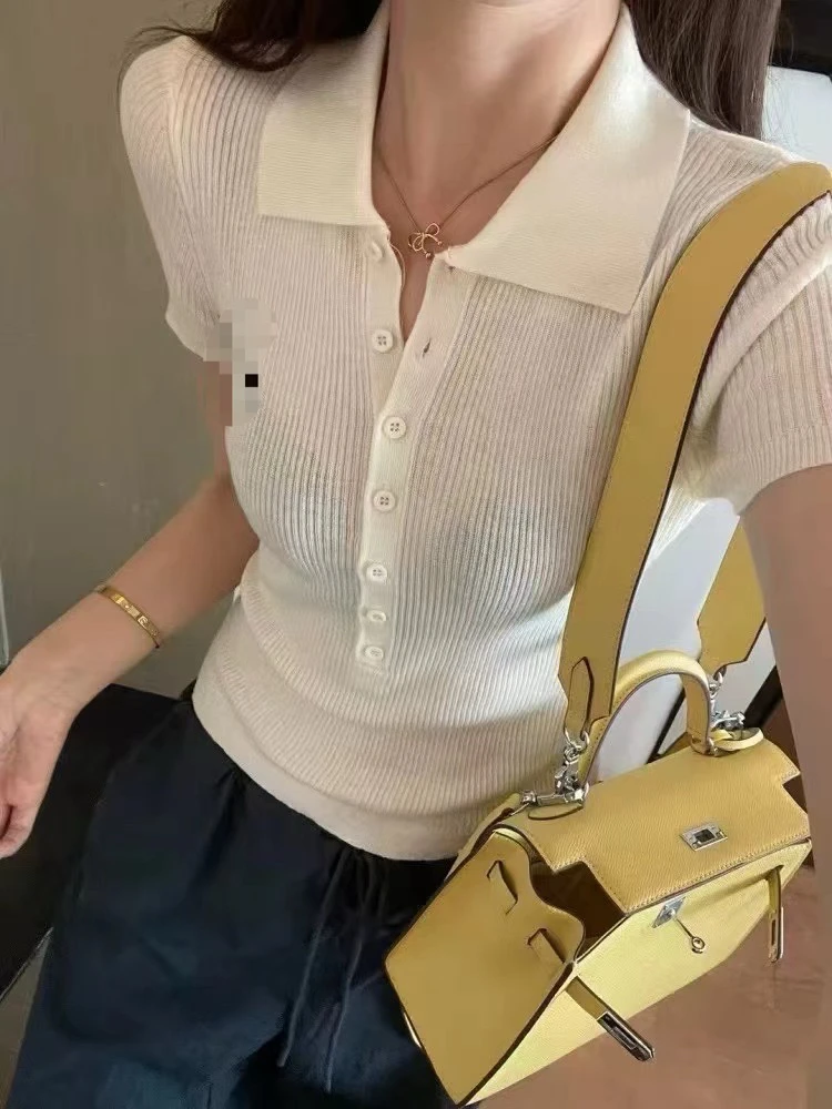 翻领简约通勤针织短袖POLO领短袖休闲风毛针织衫女