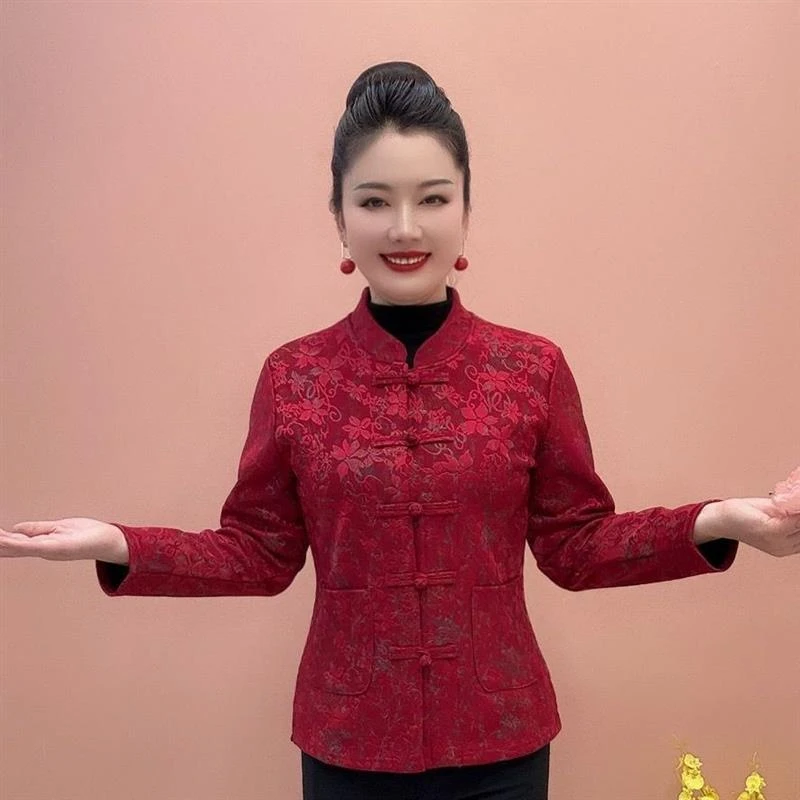 秋冬新款加绒复古提花上衣开衫中式唐装盘扣中老年时尚妈妈外套