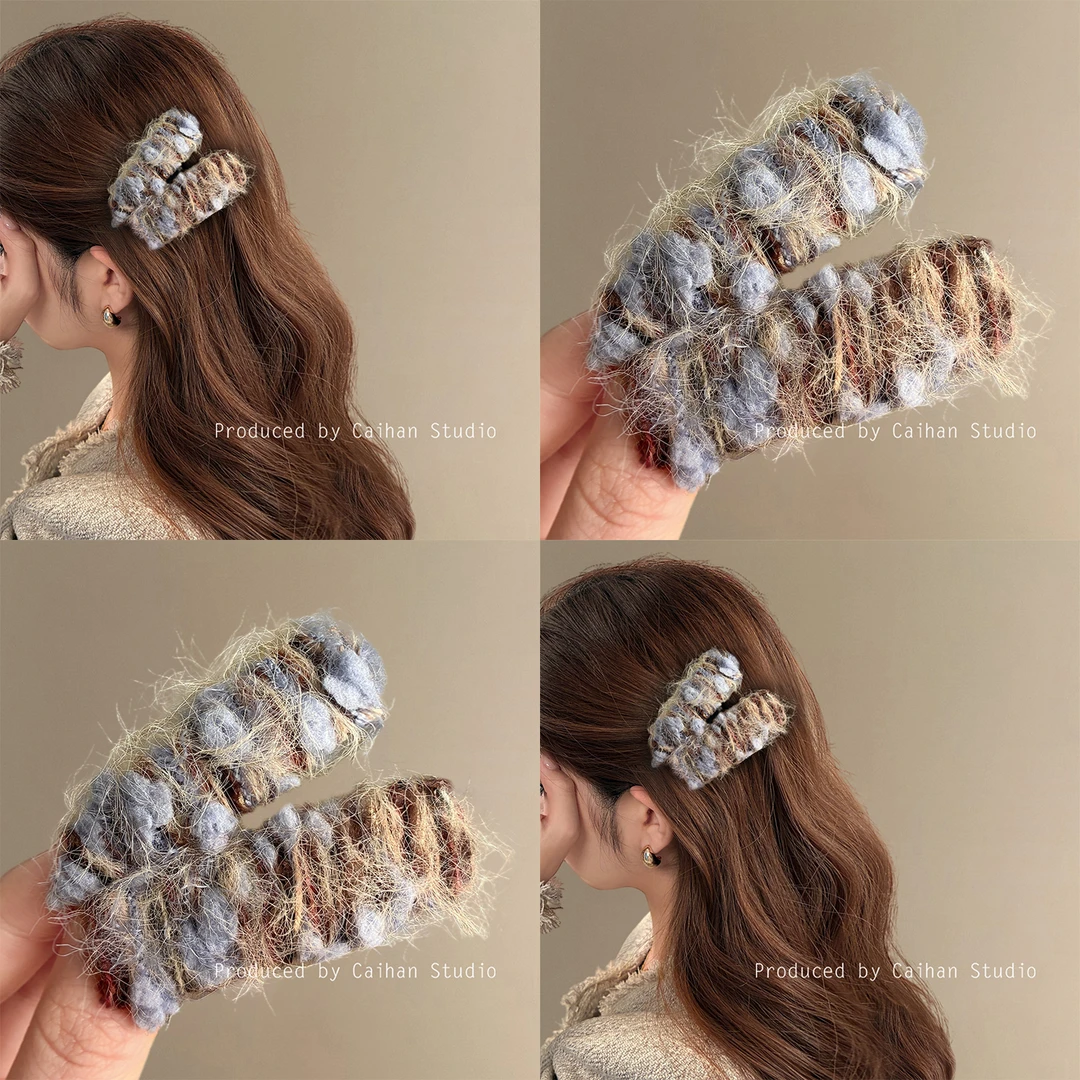 雪镜奶芙~韩国ins蓝色毛线发夹新款温柔风甜美氛围高级感bb夹发饰