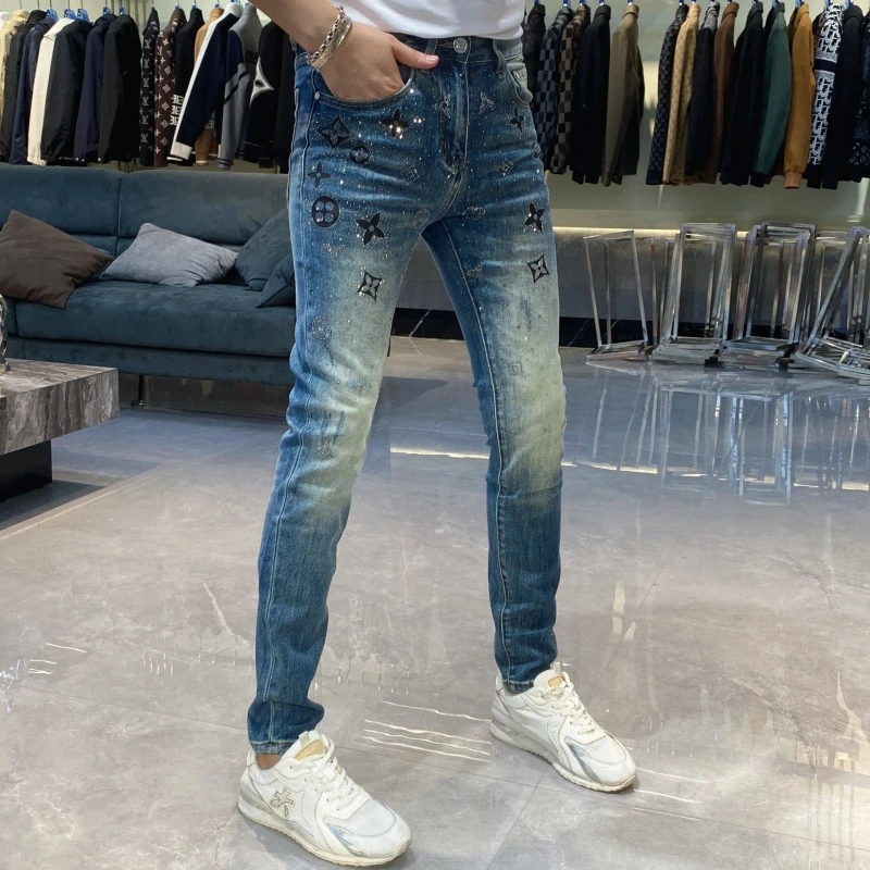 【也许家】新品男士秋季烫钻印花修身小脚牛仔裤潮流长裤BB76121