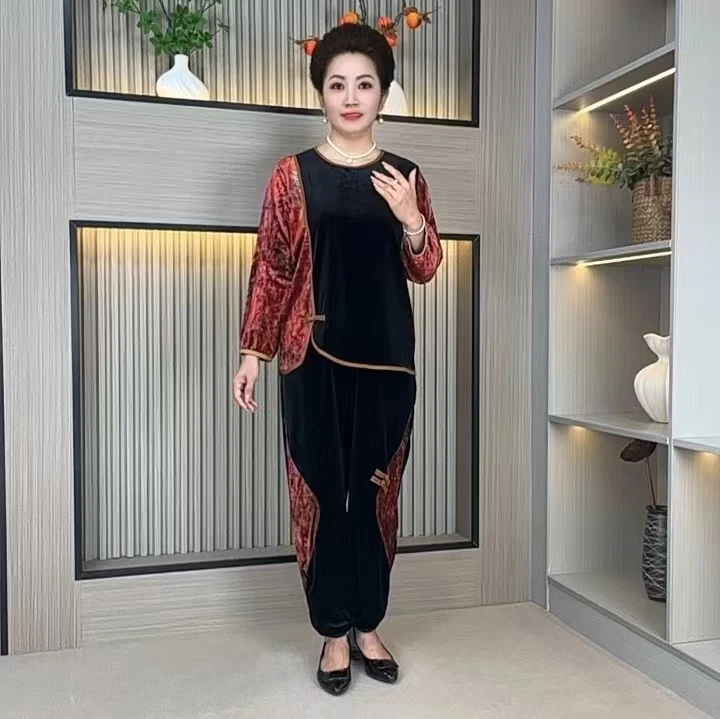 2025新款春秋季丝绒妈妈装遮肉显瘦长袖长裤中式国风套装
