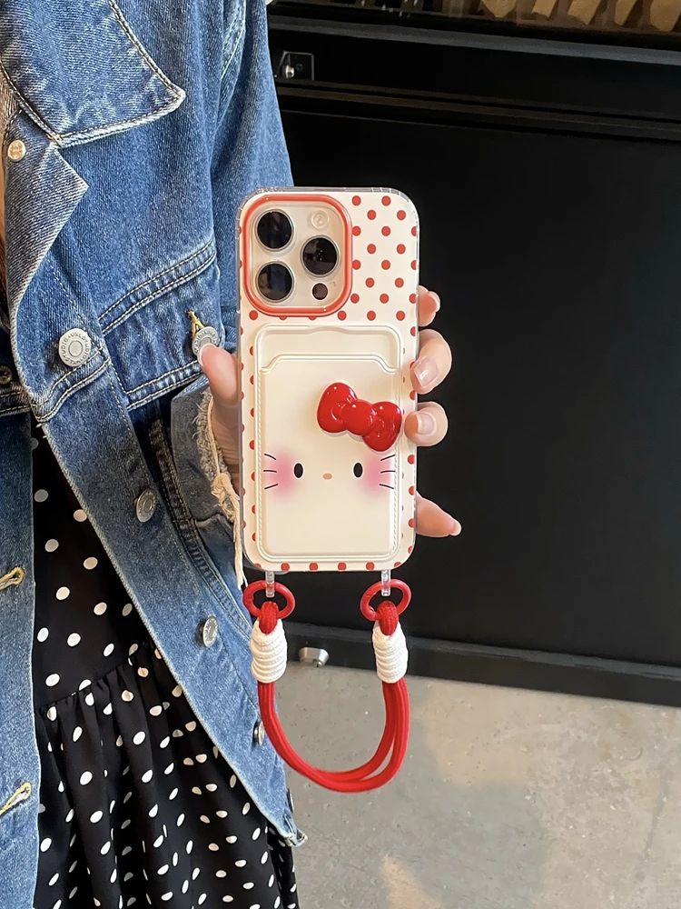 可爱卡通KT猫蝴蝶结卡包零钱包手提绳适用iPhone16promax手机壳
