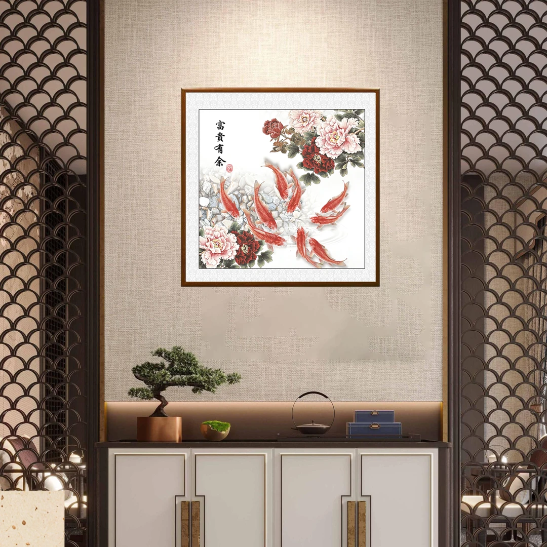 336-60*60国色牡丹富贵花开九鱼图实木框适合茶室客厅背景墙布置