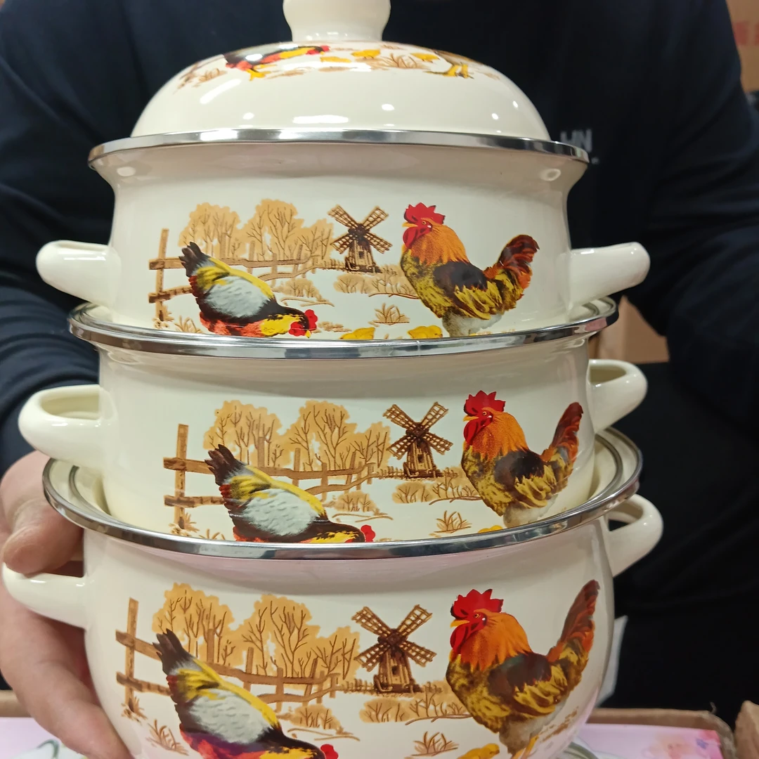 16.18.20公分珐琅搪瓷三件套奶锅 大公鸡