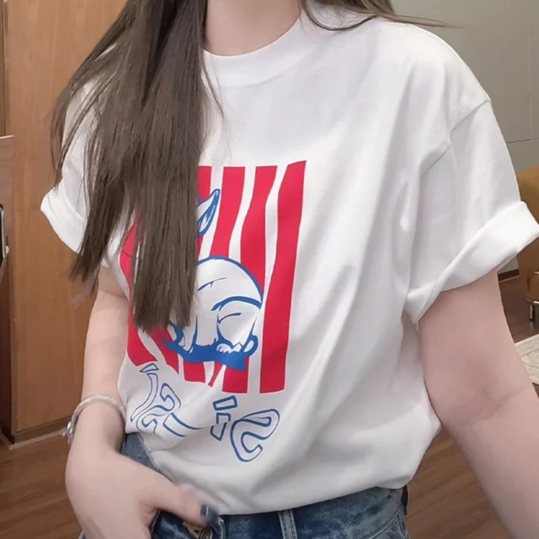 2025新款兔子洋气印花T恤休闲宽松时尚圆领短袖百搭纯棉时尚上衣
