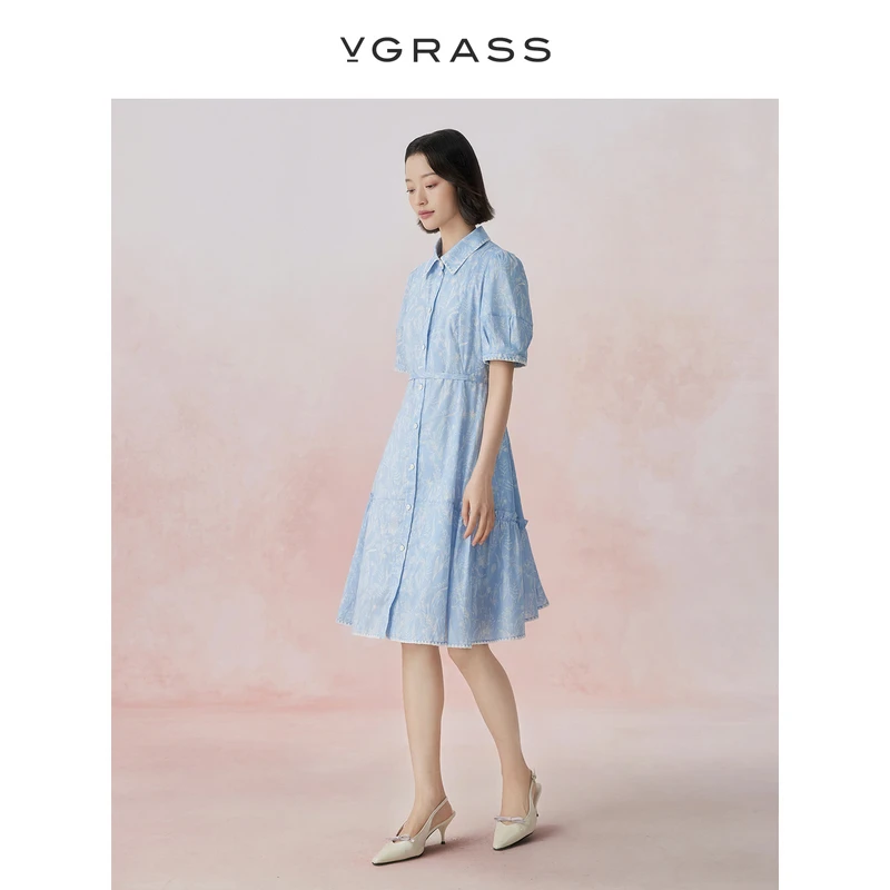 VGRASS艺术感贝壳绣立体泡泡袖连衣裙夏季新款A字裙VSL2P2390C