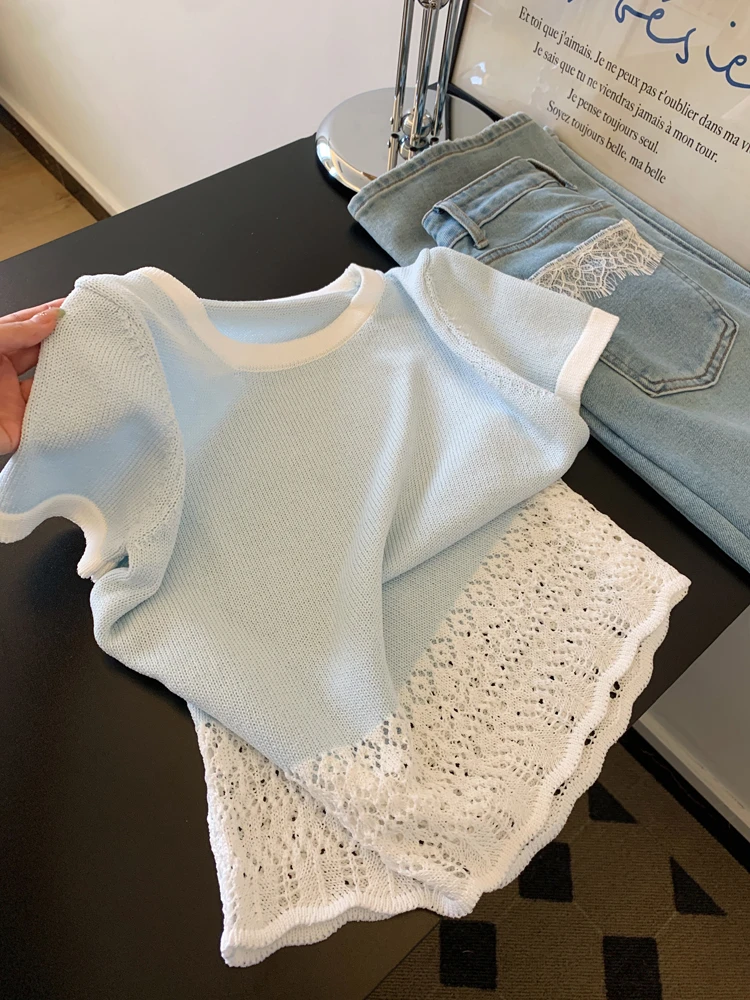 撞色圆领针织短袖t恤女小个子短款正肩直筒气质设计感多巴胺上衣