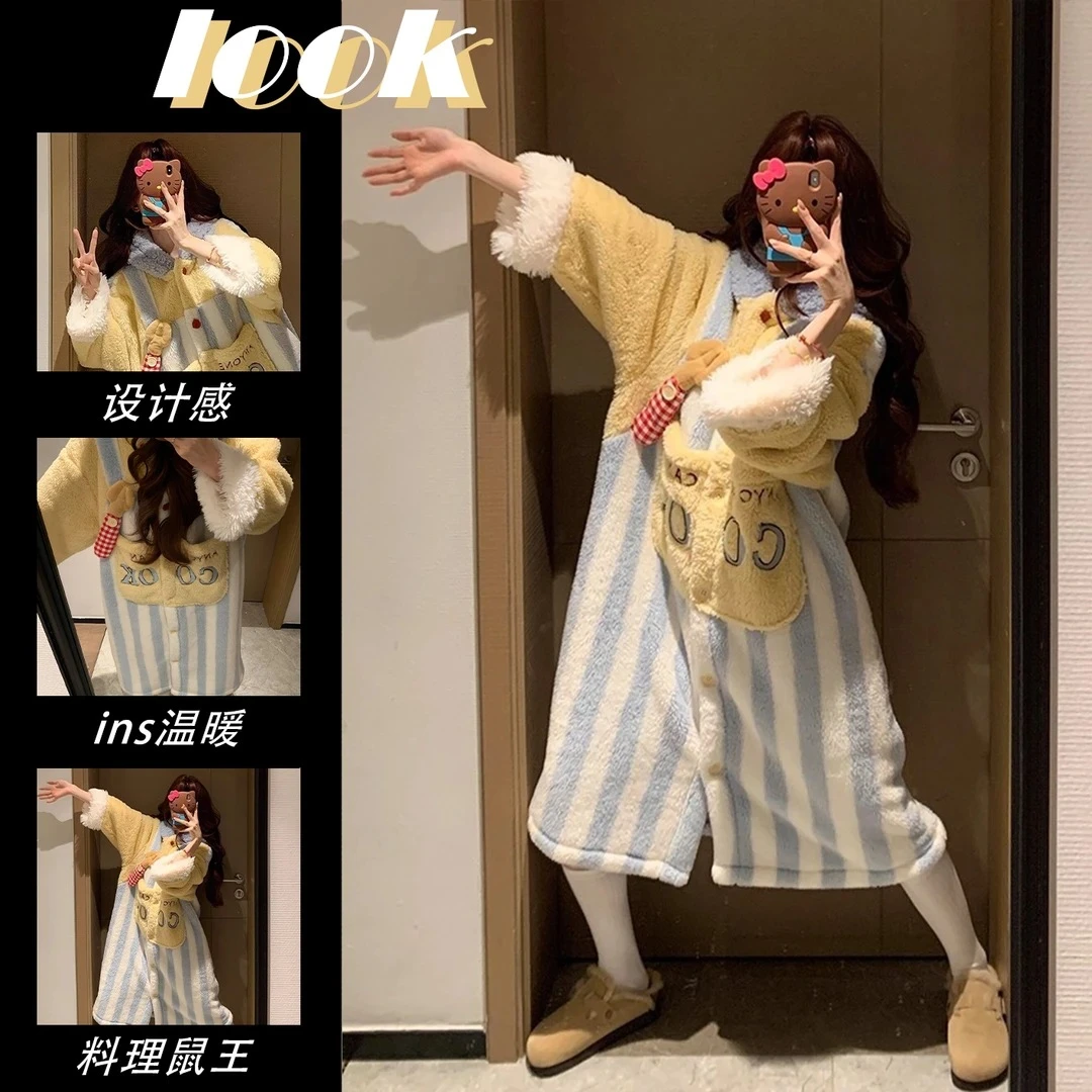 可爱料理鼠王珊瑚绒连帽睡衣女款冬季大码加绒加厚保暖家居服睡袍