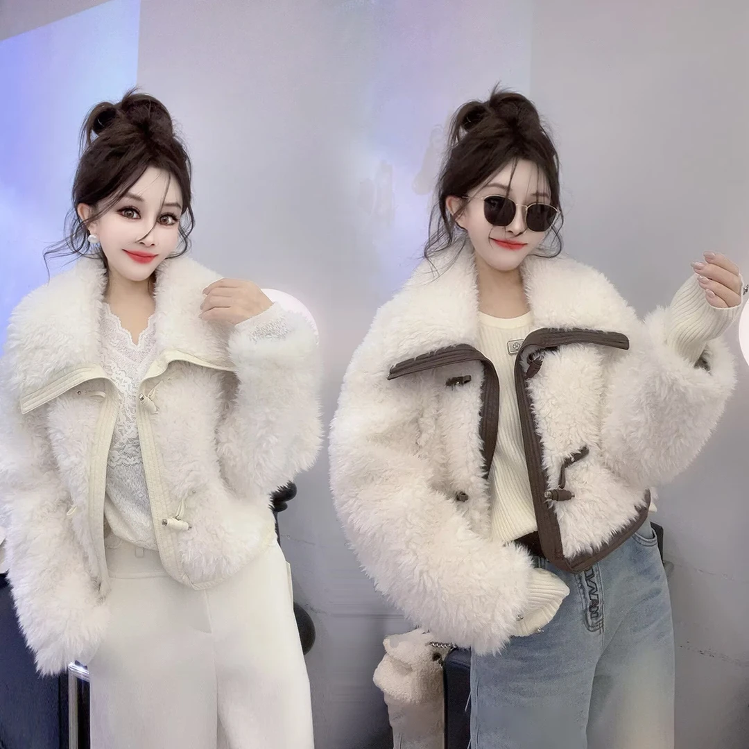 新款仿羊羔毛外套女欧货2025冬季翻领洋气仿毛皮一体加厚保暖上衣