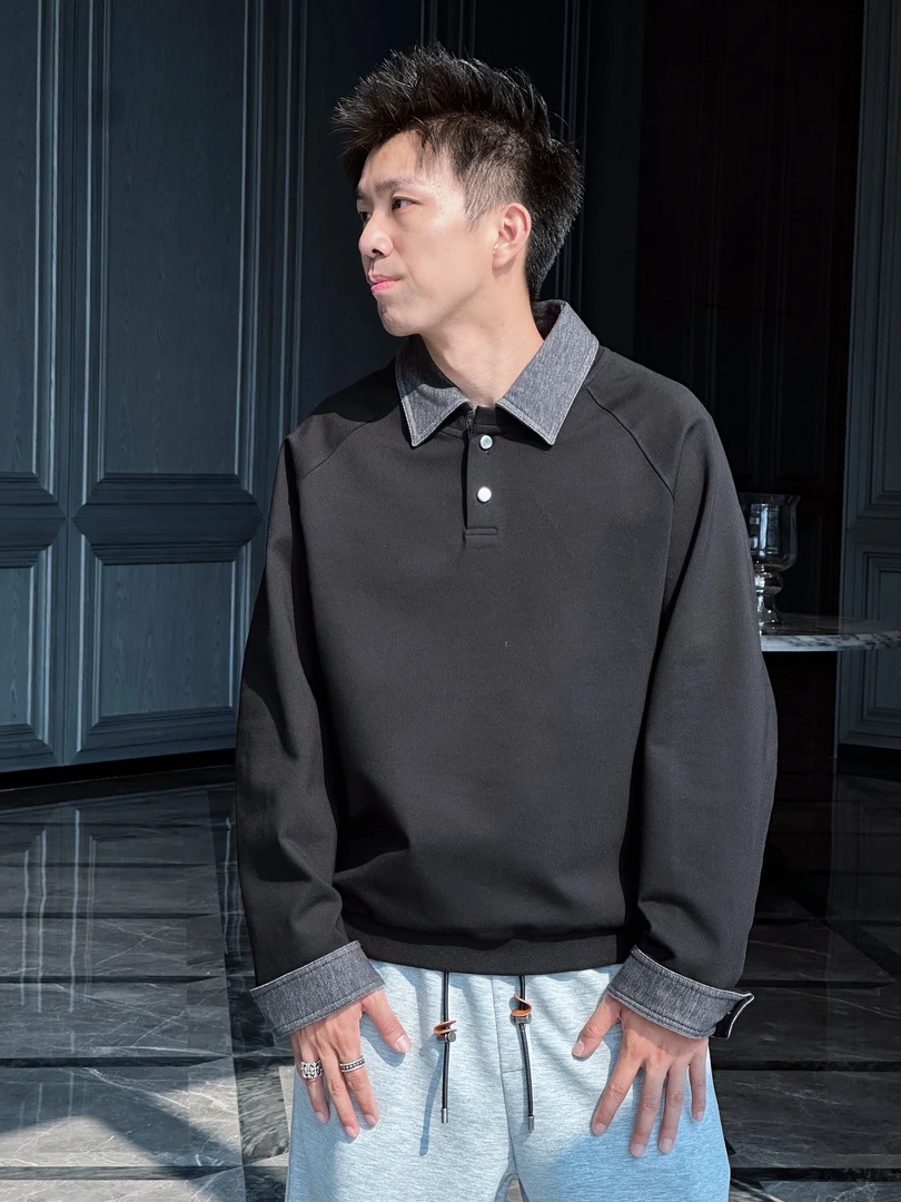 CHUAN穿studio【25/秋】假两件拼接牛仔半开襟套头宽松翻领卫衣