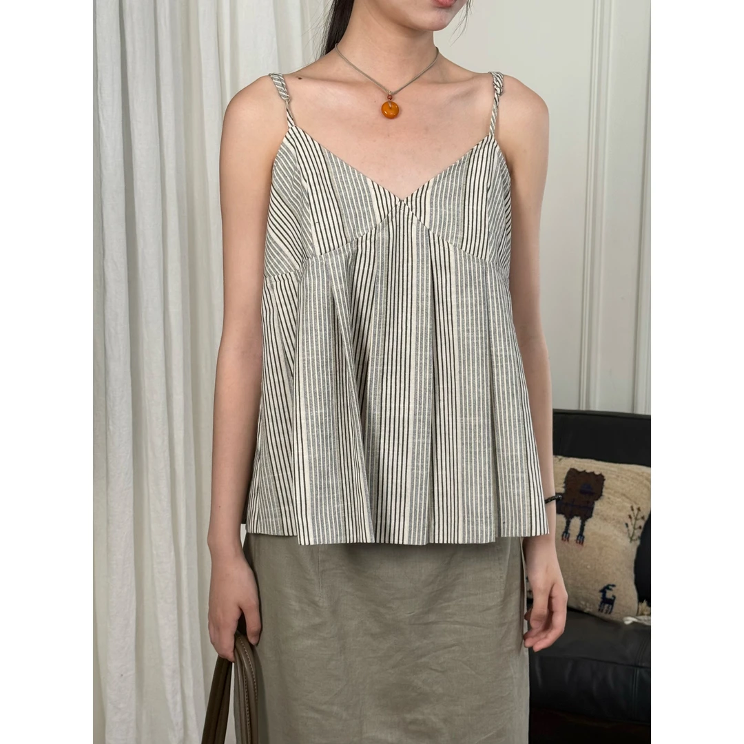夏日松弛感 30%苎麻混纺竖条纹吊带