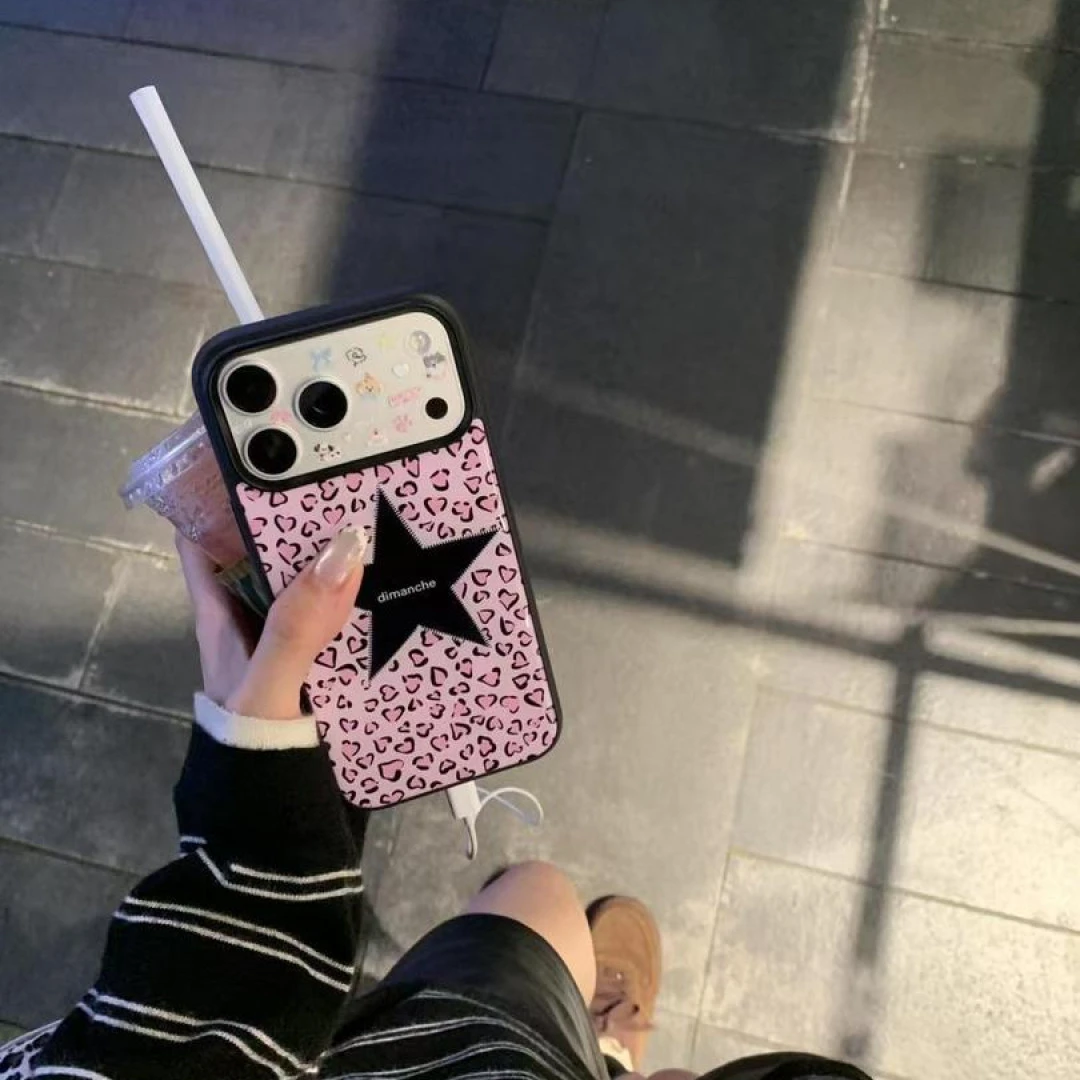 ins风粉豹纹黑星星适用苹果17Promax手机壳16磨砂15卡通14防摔13