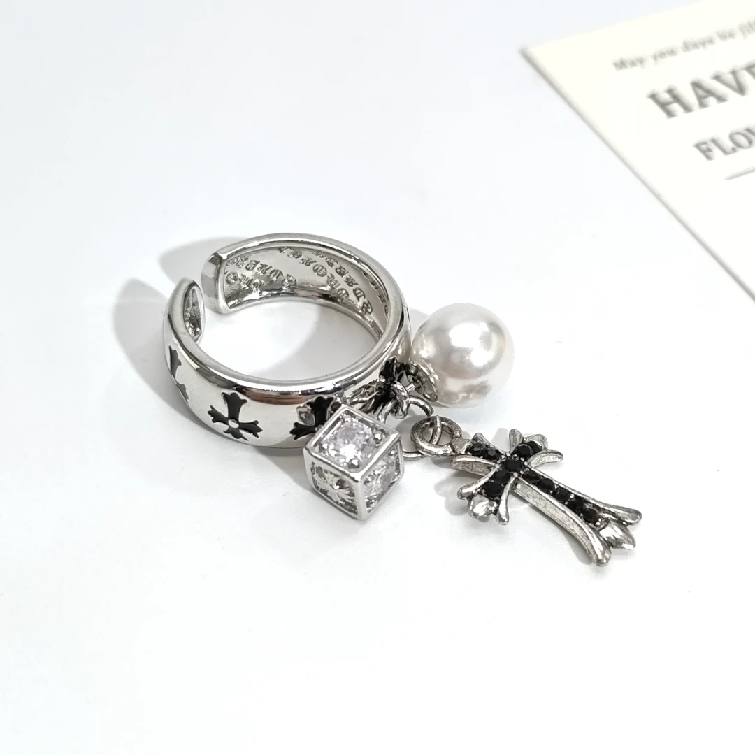 铜合金锆石戒指 06808小众设计高级感十字流苏大白珠开口戒指