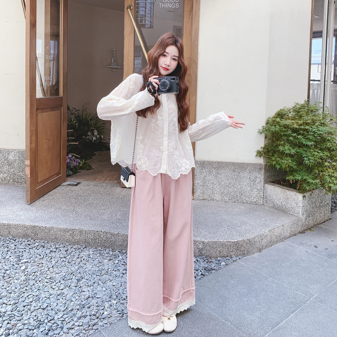 早秋温柔风蕾丝衬衫粉色阔腿裤套装女2025新款初恋小个子慵懒穿搭