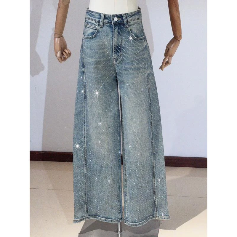 【8817】轻奢重工欧货满天星满钻高腰直筒牛仔裤破洞显瘦显腿长女