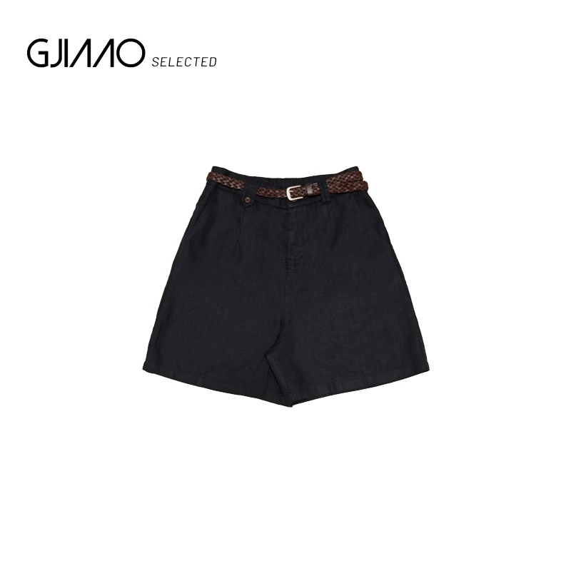 66059 单侧小扣编织腰带麻料短裤