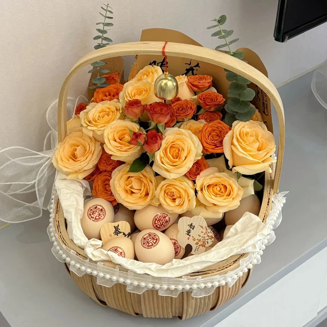 春日『一份浪漫』15枝香槟混搭橙色芭比月子花礼手提花篮送闺蜜生孩子鲜花礼物鲜花同城配送花店鲜花小时达外卖
