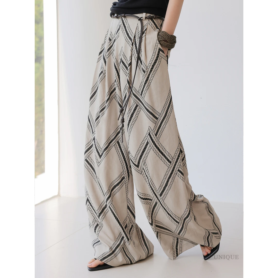 JWUNIQUE格纹亚麻薄款阔腿裤女2025夏季新款宽松显瘦休闲裤拖地裤