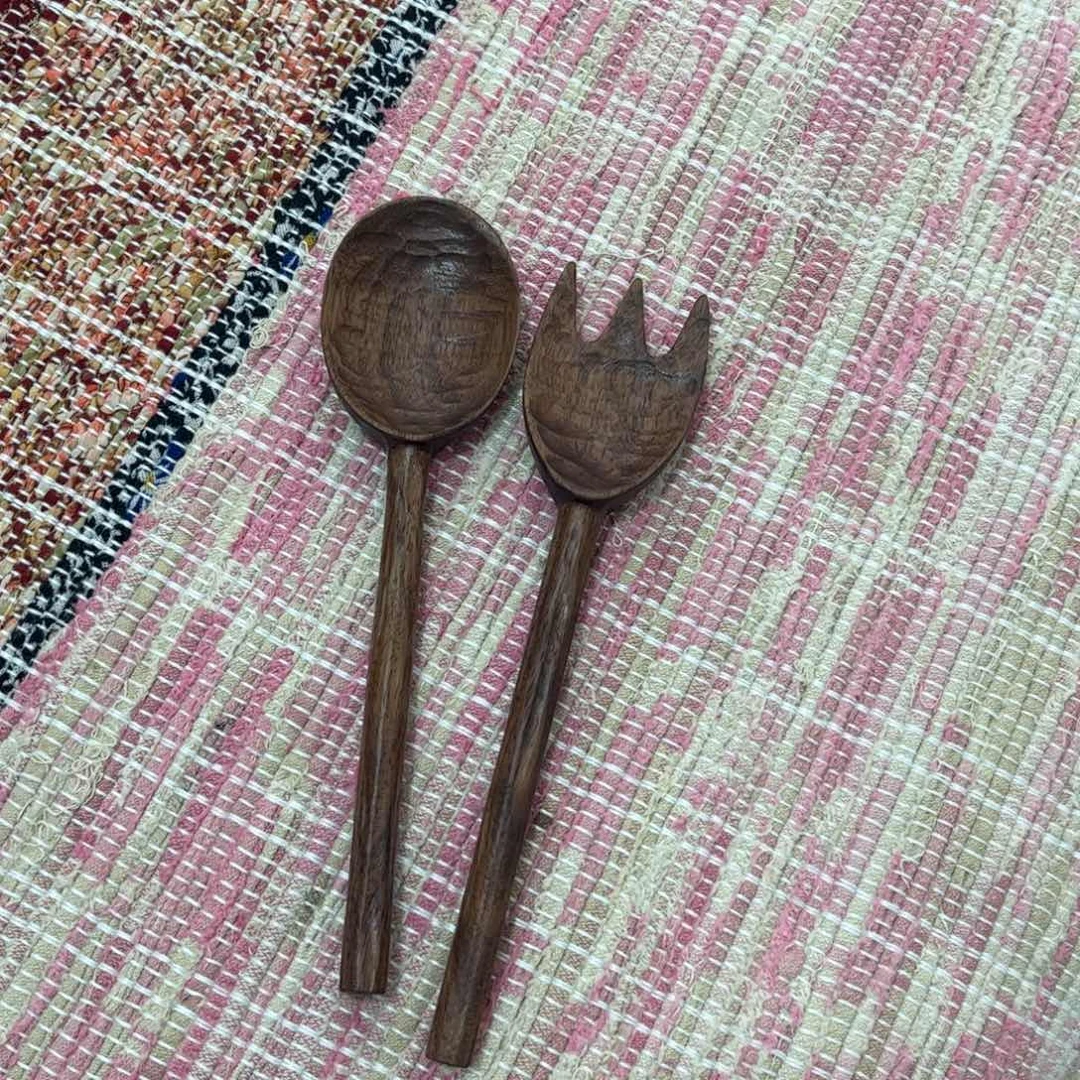 陶纯手工黑胡桃木甜品勺叉一对