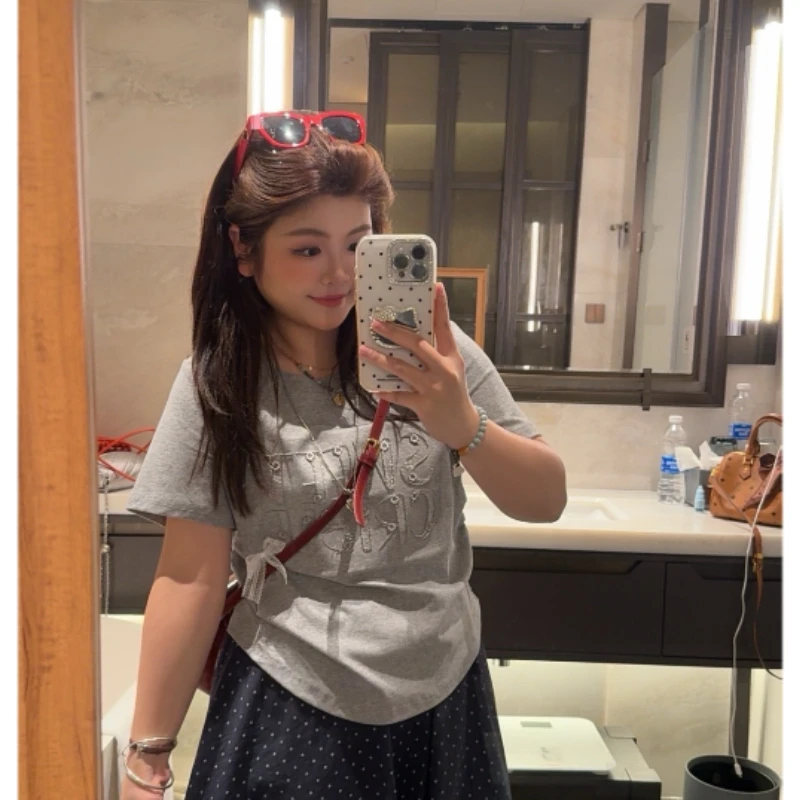 2025夏季新款夏装2025大码女装百搭胖mm正肩蕾丝字母T恤短袖显瘦