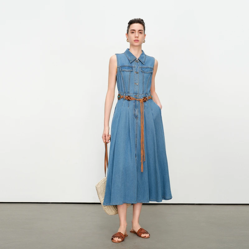 婉甸2025夏季新品雾灰蓝无袖天丝连衣裙1242N71XD5