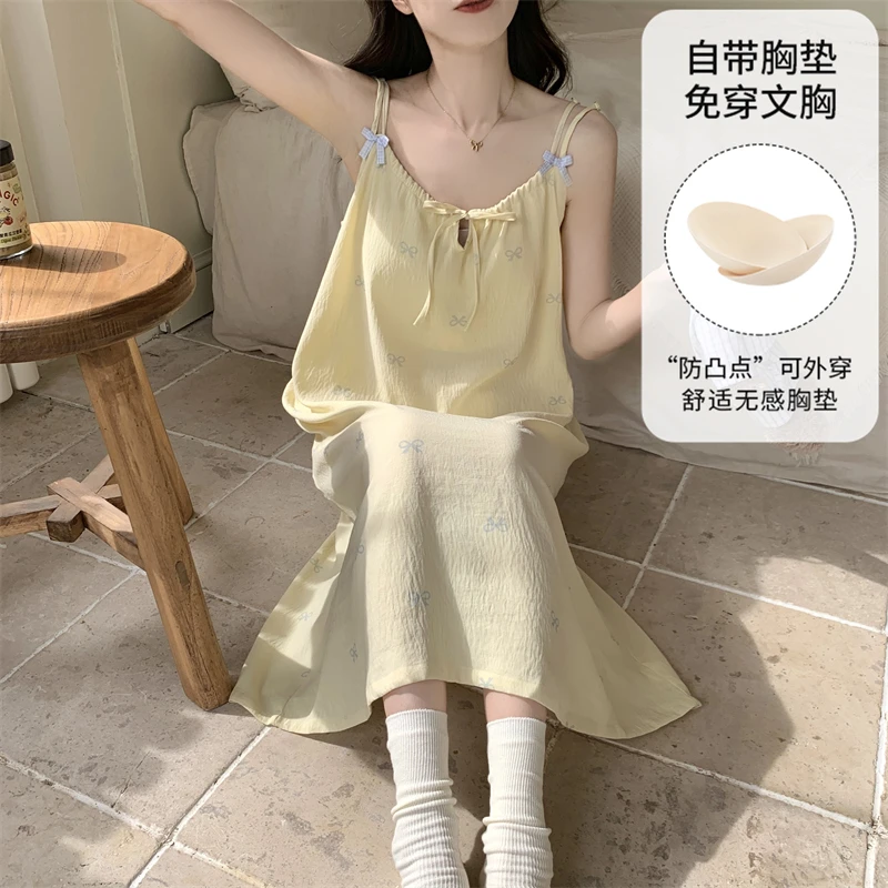2025新款吊带睡裙女夏季浅黄蝴蝶结甜美云朵泡泡纱夏天薄款可外穿