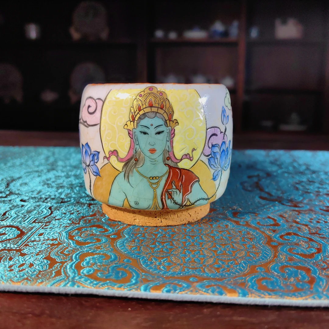 景德镇纯手绘匣钵土志野烧唐卡绿度母主人杯