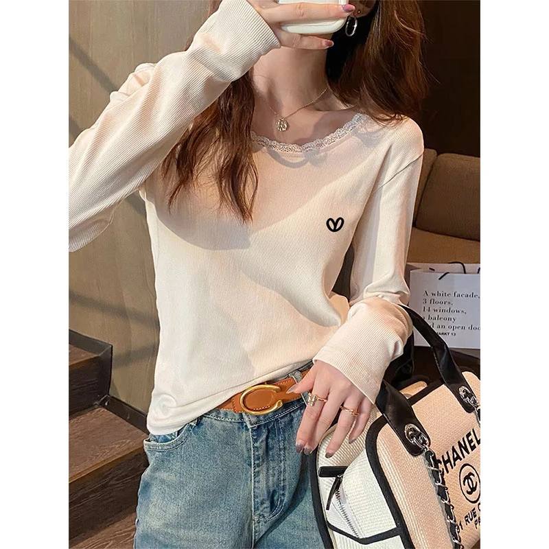 小众设计感长袖t恤女领口蕾丝拼接休闲百搭打底衫2025春秋季上衣