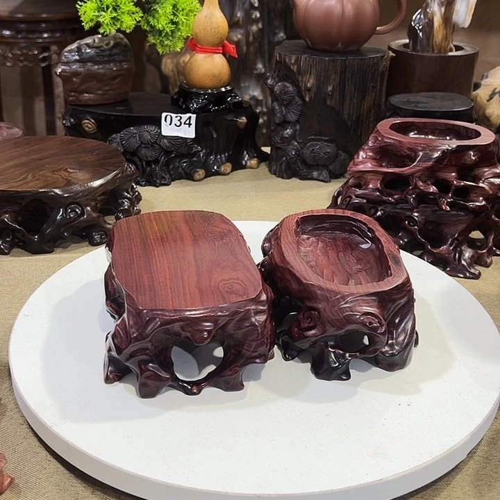木红酸枝根雕底座两个