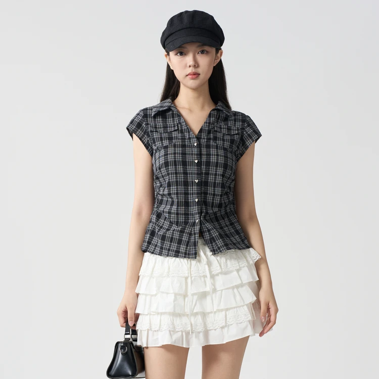 西町村屋复古格纹收腰衬衣女夏季新款文艺百搭短袖衬衫XAAB10716