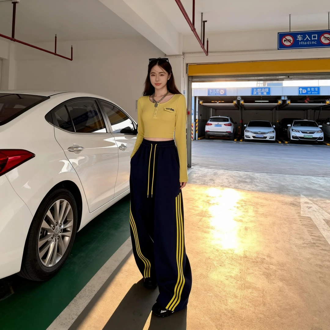 美式条纹运动卫裤女秋季新款高腰抽绳束脚两穿宽松休闲裤女小个子