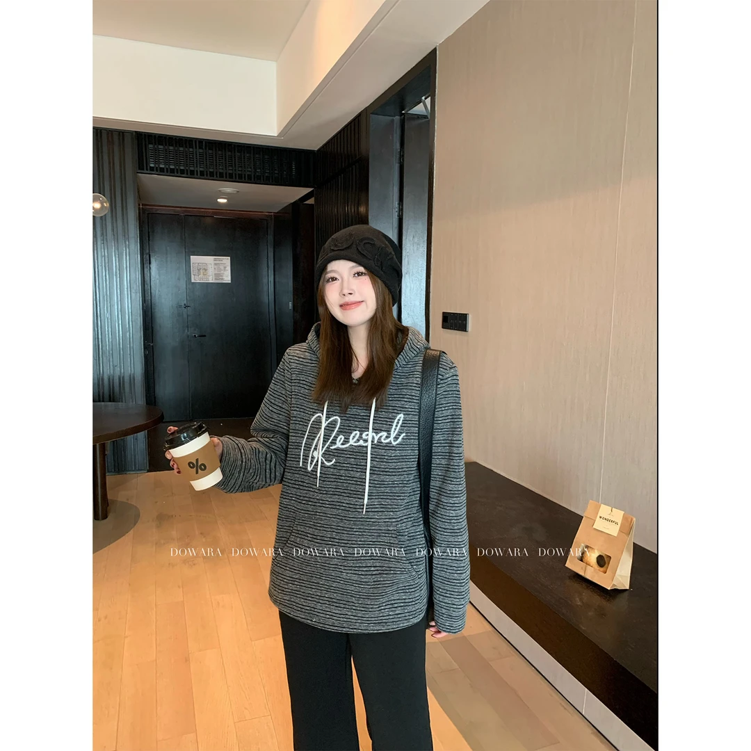 大婉酱微胖定制黑灰条纹连帽卫衣新款加厚保暖套头上衣 6602D