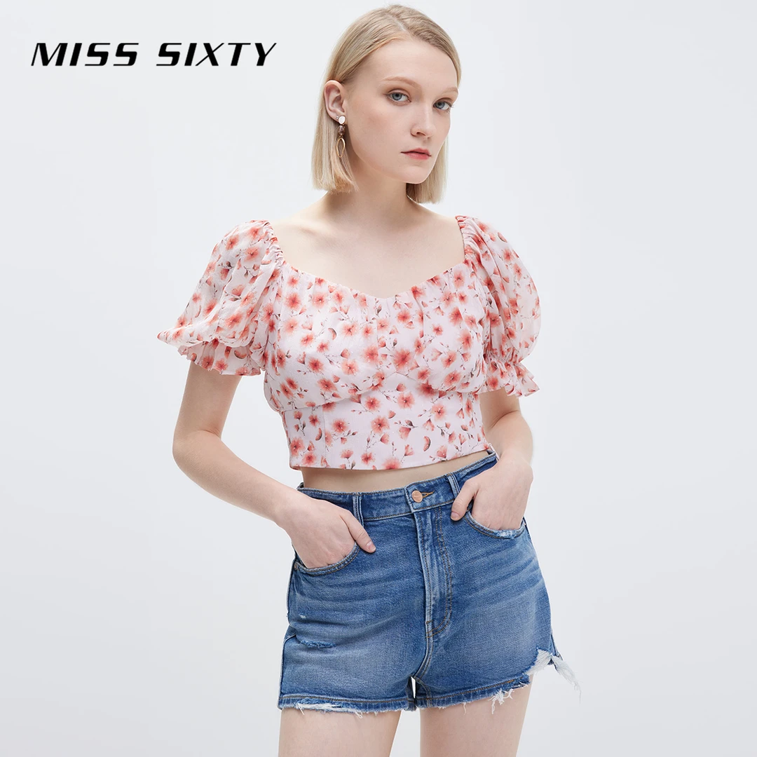 Miss Sixty夏季真丝衬衫女露背泡泡袖浪漫碎花短款上衣时尚老钱风