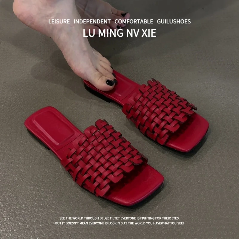 羊皮版~2025新款法式仙女风露趾凉拖鞋女夏外穿百搭一脚蹬一字拖