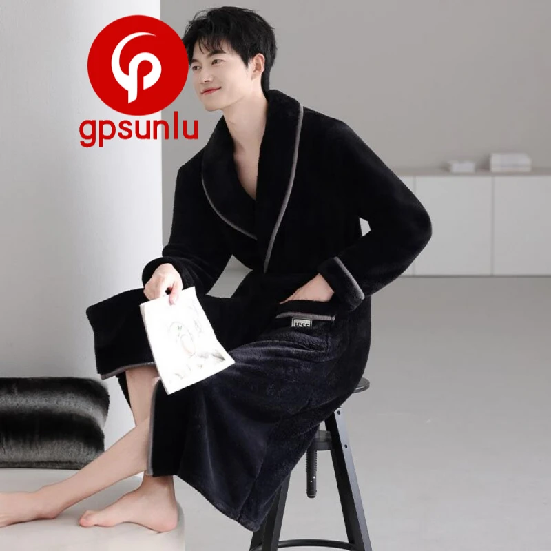 GPsunlu男士睡衣长款秋冬季加厚加绒法兰绒浴袍大码睡袍男晨袍