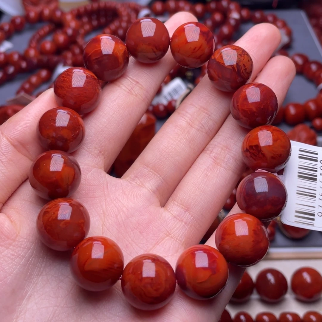 风****未镶嵌其他南红玛瑙15mm顶品瓦西火焰纹圆珠手串