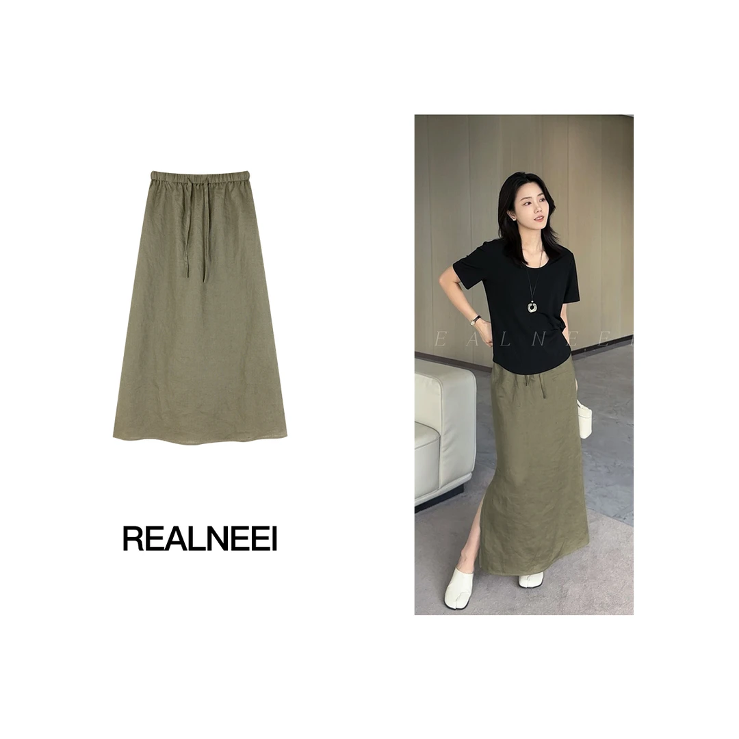 REALNEEI【褐绿半裙】极简99亚麻开叉设计直筒显瘦系带半身裙22443