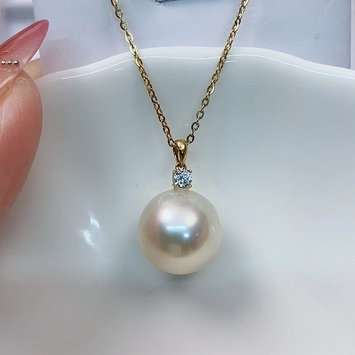 海水珍珠吊坠(不含链)18K金镶嵌南洋金珠13-14mm