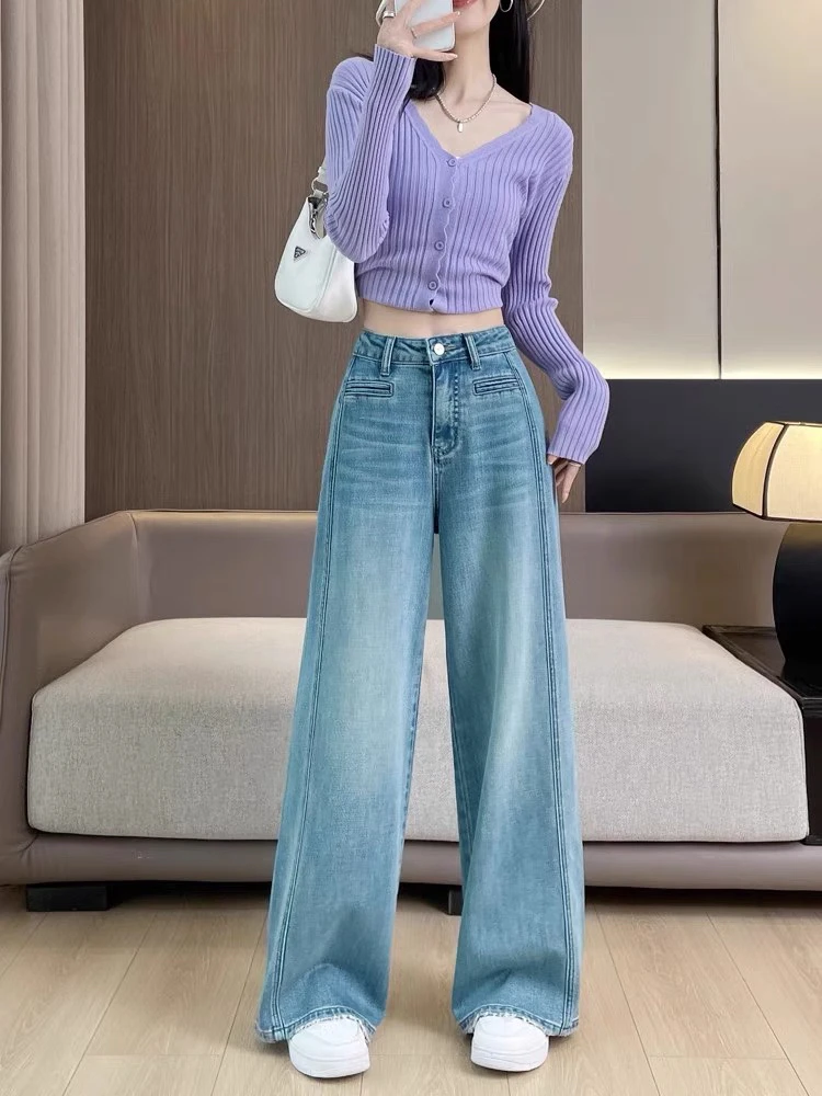 窄版阔腿牛仔裤女高腰春秋季2025新款宽松直筒垂感弯刀显瘦拖地裤