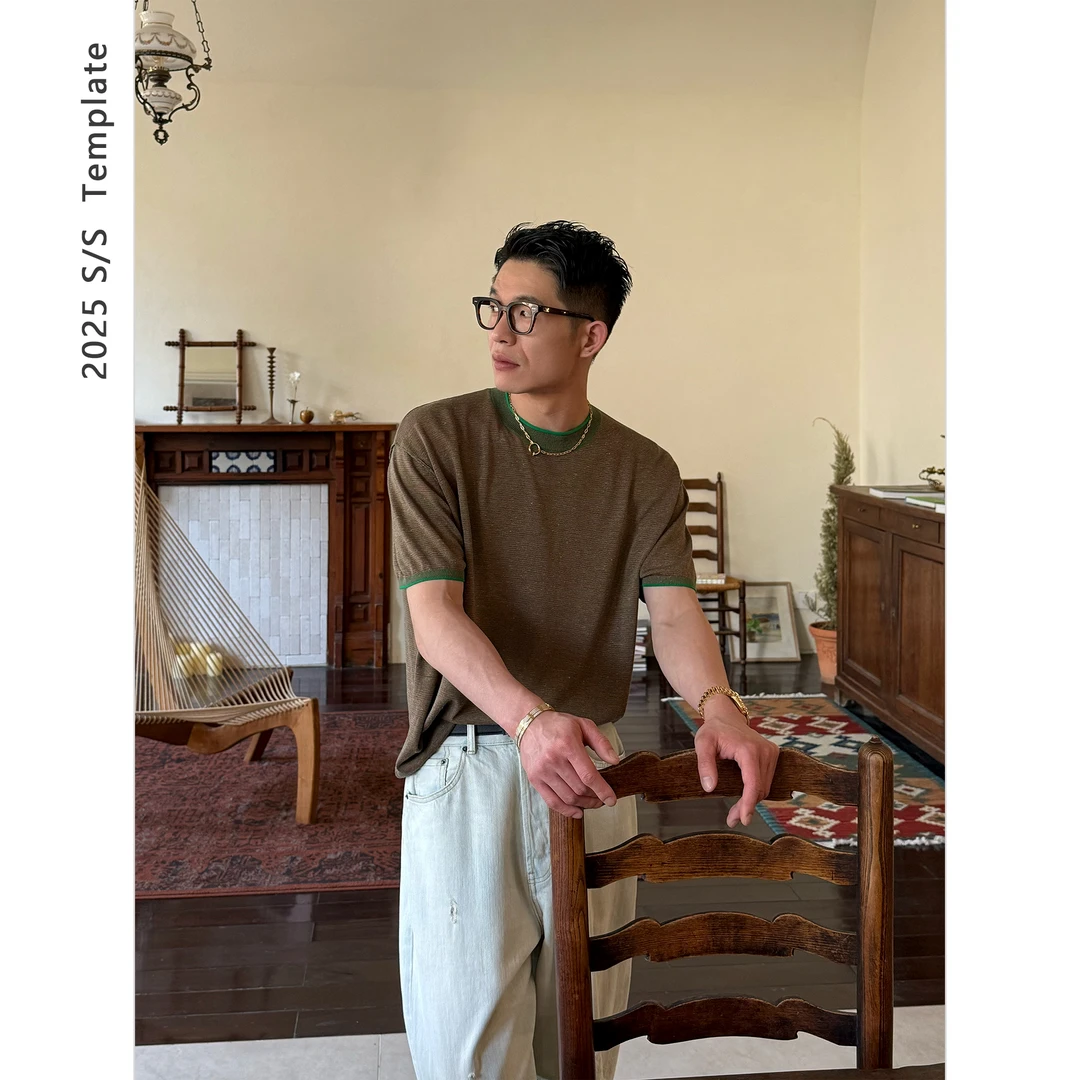 DUPU CONTRACTED“夏日优雅” 亚麻天丝混纺60’s细条纹针织短袖TEE