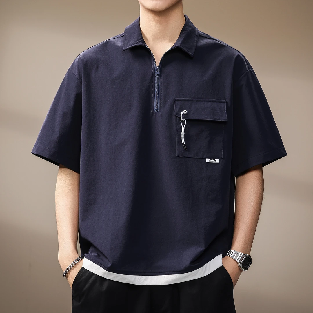 高端日系冰丝速干短袖Polo衫男夏季薄款凉感透气假两件翻领冲锋衣