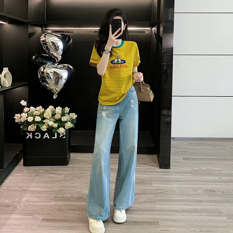 休闲套装女装2025新款爆款卡通刺绣条纹短袖T恤时尚阔腿牛仔裤潮