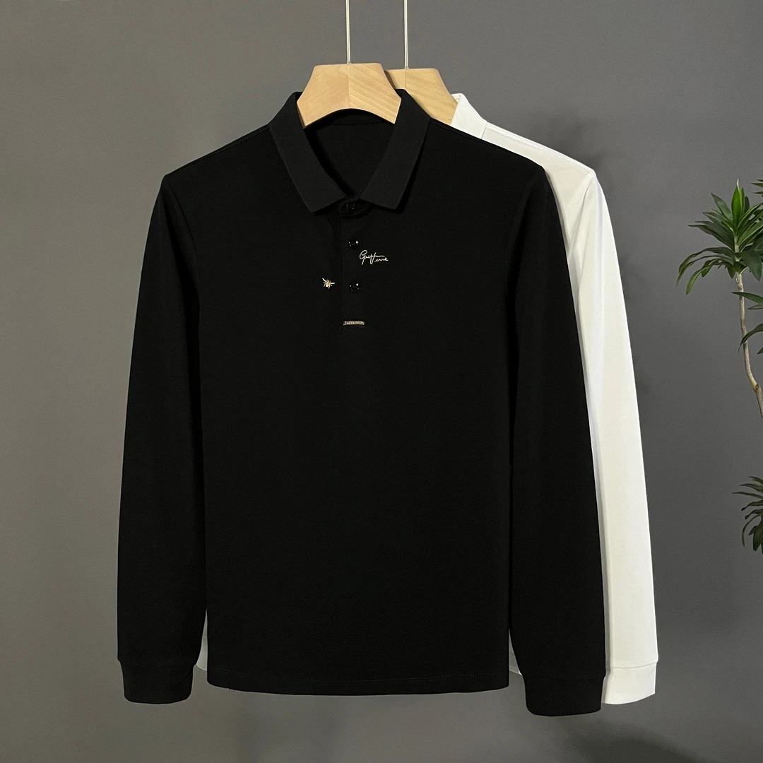 男士秋季简约百搭小蜜蜂刺绣polo衫翻领打底衫长袖T恤商务休闲