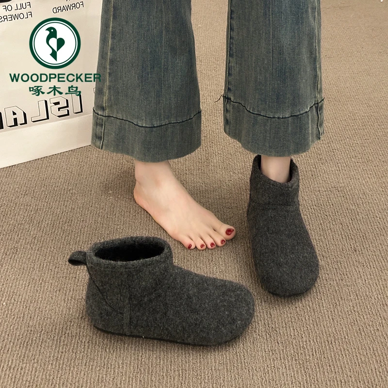 啄木鸟灰色毛呢厚底勃肯短筒雪地靴女加绒保暖一脚蹬2025新款棉鞋