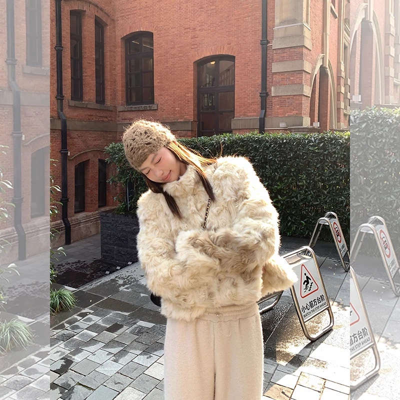 复古渐染白棕环保毛皮草宽松正肩简约短款毛毛外套
