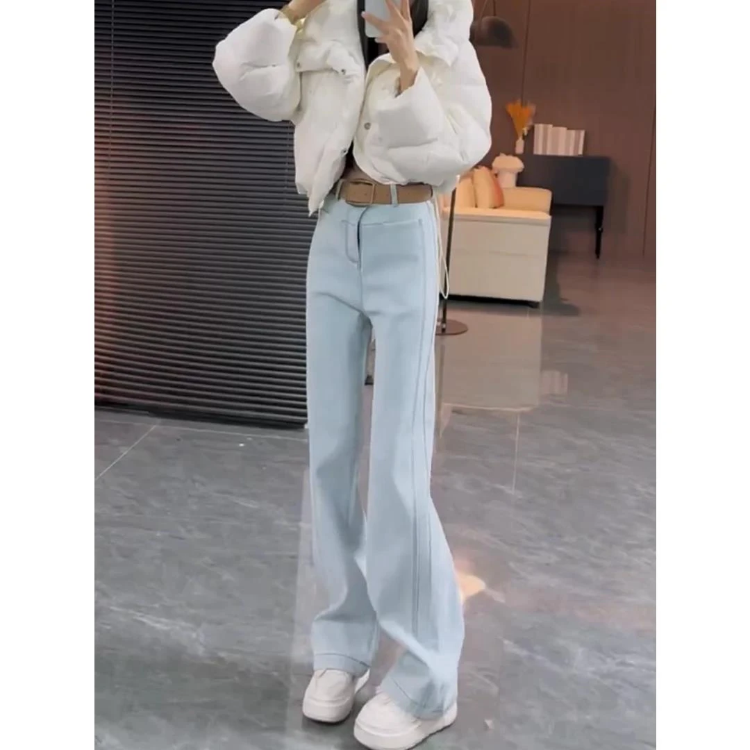 显瘦阔腿牛仔裤子女秋冬新款胖mm大码弯刀加绒加厚直筒拖地裤