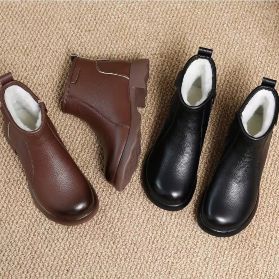 【朵苮品牌】 短靴方跟冬休闲风圆头女靴保暖冬季平底加厚软底8968